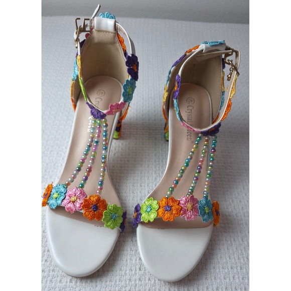 Crystal Queen Shoes - Crystal Queen Floral Embroidered Sandals Womens 40 White Multi Beads